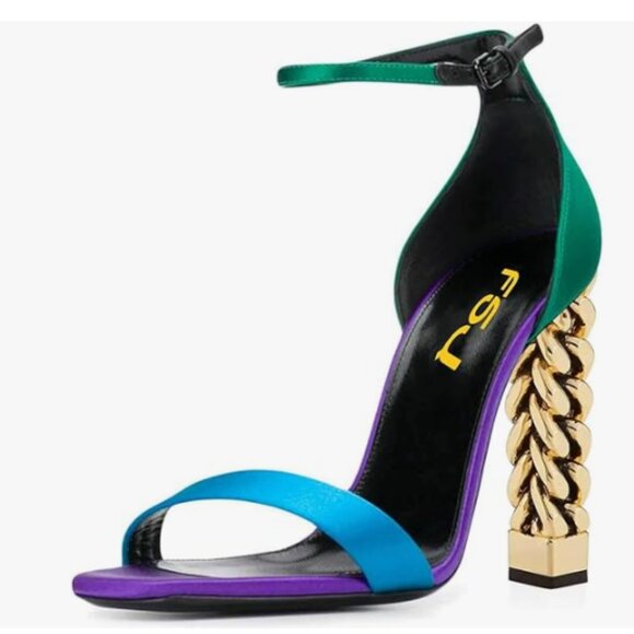 FSJ Green Purple Gold Metal Chain Chunky High Heels Ankle Strap Open Toe Sandals - Picture 1 of 8
